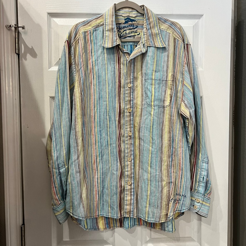 Tommy Bahama Button Down 100% Linen Striped Coastal Relax XL Preppy Nautical
